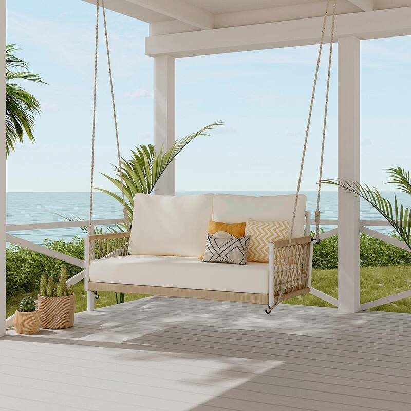 Outdoor Woven Rope Swing Sofa with Soft Cushions