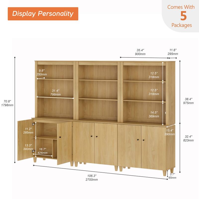 WAMPAT Modern 71" Tall Bookcase with Cabinets, 3 Columns 5-Tier