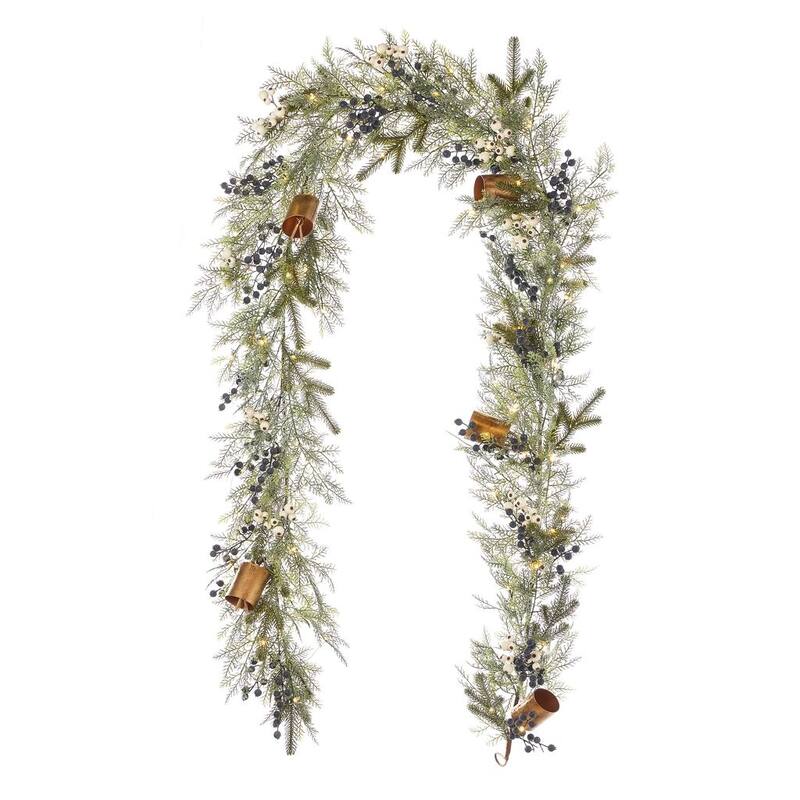 Mixed Mica Foliage with Blueberries and Harmony Bells 9ft Garland Pre-Lit with 50 LED Fairy Lights B/O