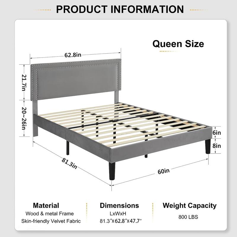 VECELO 3-Pieces Upholstered Platform Bed Frame with Adjustable Headboard and Nightstands Set of 2, Grey