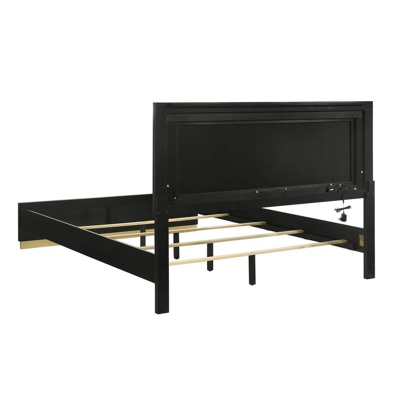 Upholstered Panel Bed with LED Lighting in Black and Light Gray
