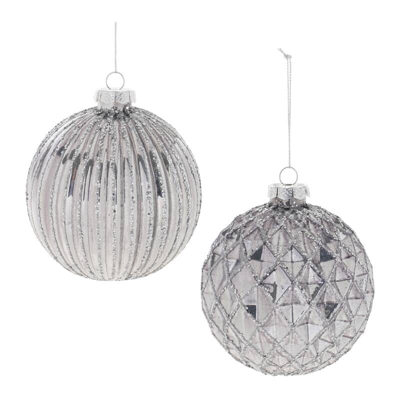 Glittered Finish Glass Christmas Ball Ornaments - 4" (101.6mm) - Silver - 6ct