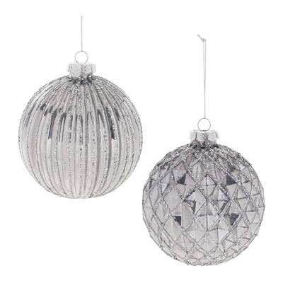 Glittered Finish Glass Christmas Ball Ornaments - 4" (101.6mm) - Silver - 6ct