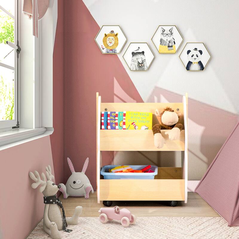 Costway Kids Wooden Bookshelf with Wheels 2-Tier Toy Storage Shelf - See Details