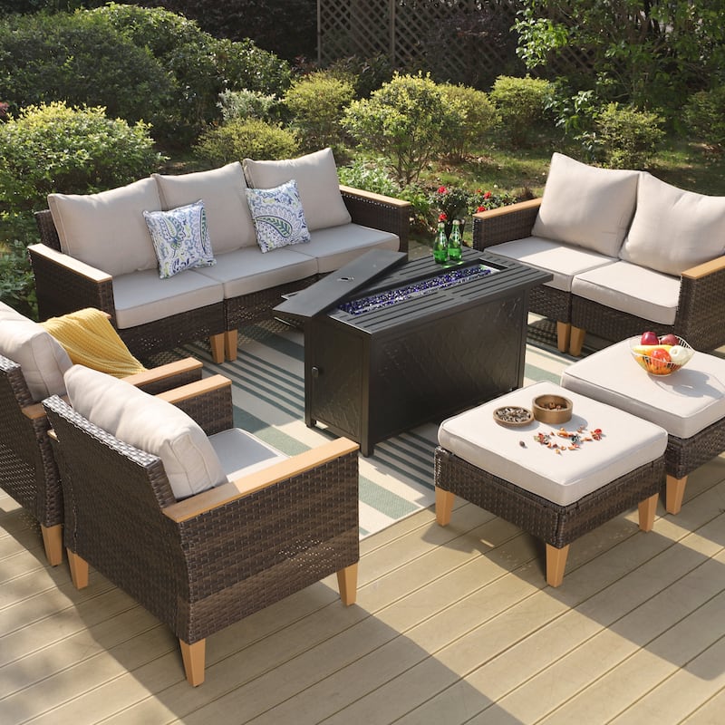 8-Piece Patio Outdoor Wicker Sectional Sofa Set, Large Seating Furniture Conversation Sets with Fire Pit Table