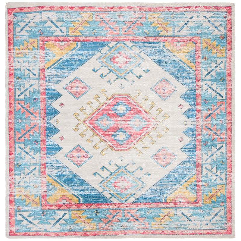 SAFAVIEH Handmade Saffron Miesha Modern Tribal Cotton Rug - 6' Square - Cream/Blue