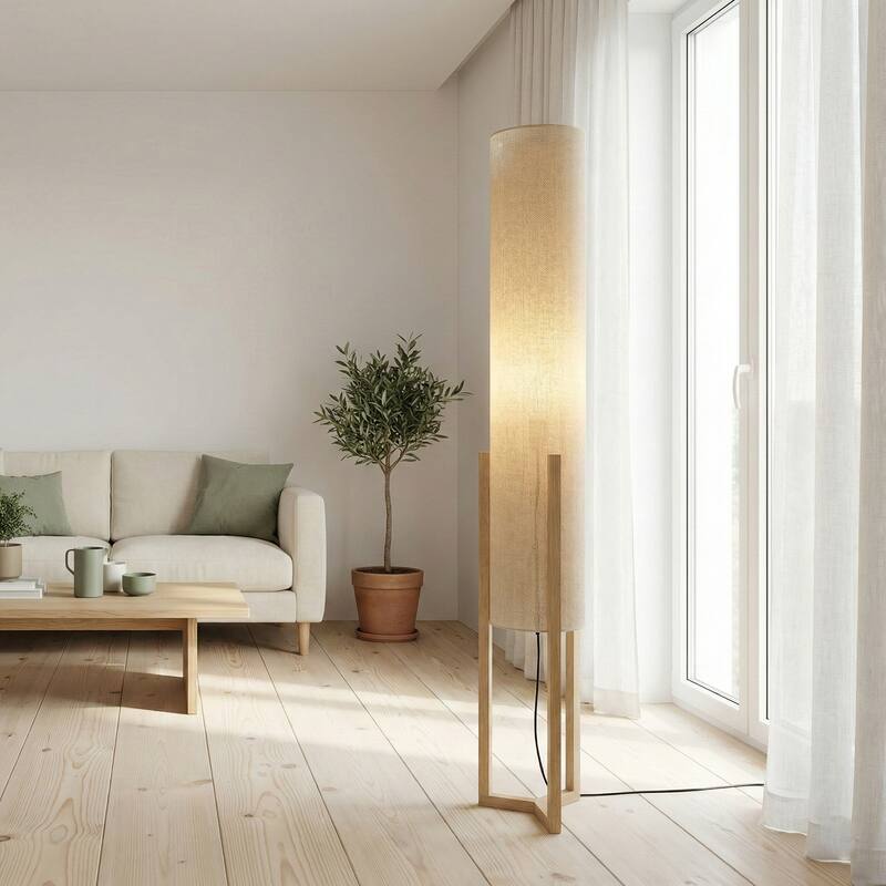 Kelly Modern Natural Wood Floor Lamp with Faux Linen Shade