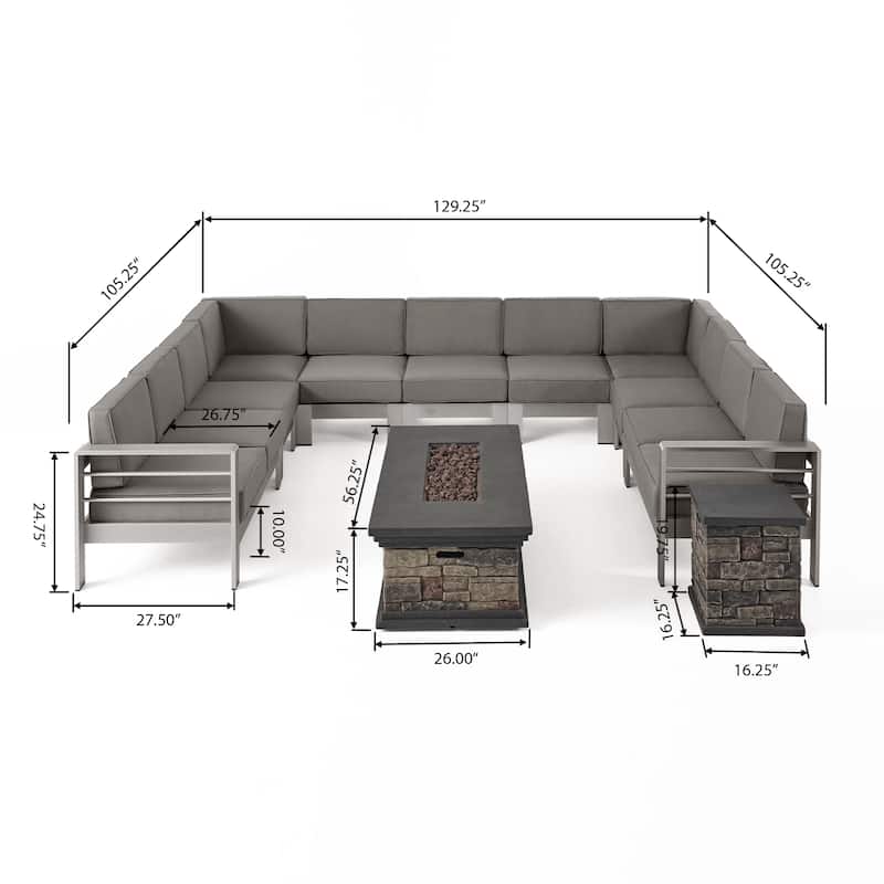 Cape Coral Outdoor 11 Seater Aluminum U-Shaped Sofa Sectional and Fire Pit Set by Christopher Knight Home