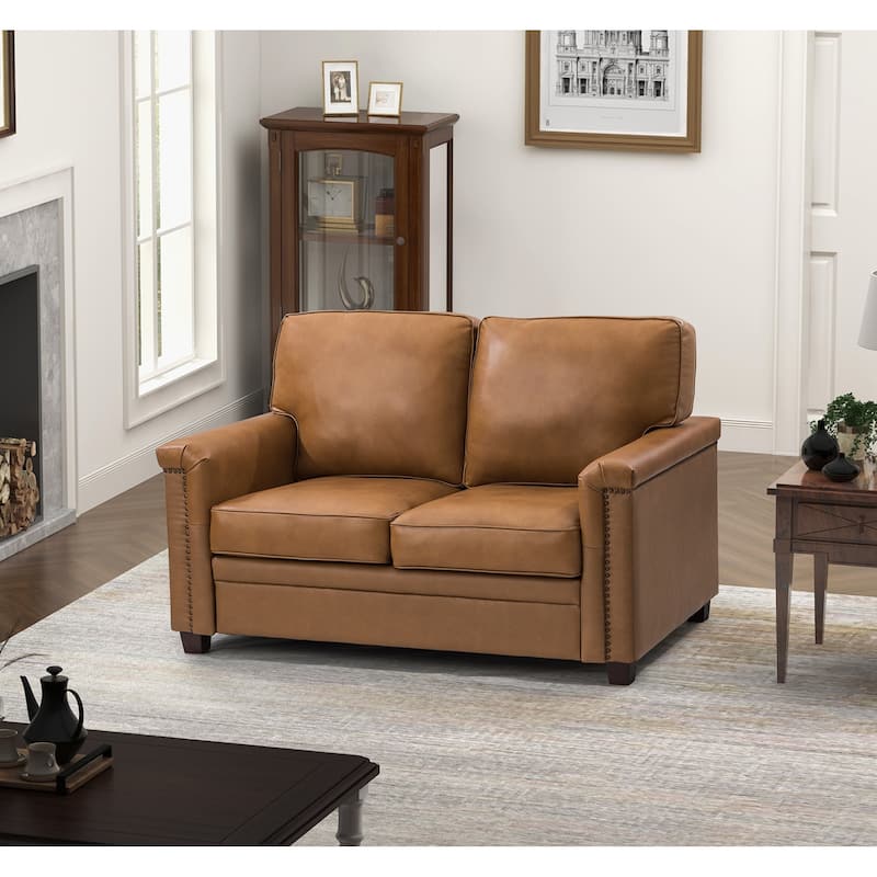 Irene Transitional Sofa with Nailhead Trim and Solid Wooden Legs - CAMEL