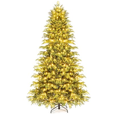 Gymax 8 FT Pre-Lit Artificial Christmas Tree Hinged Full Xmas Tree w/