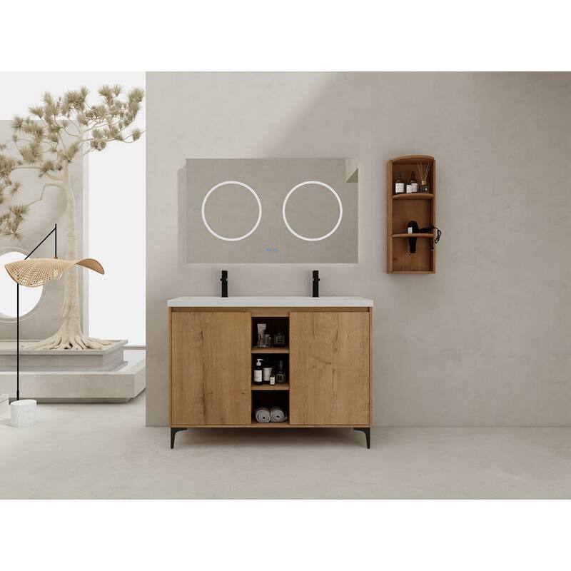 48" Freestanding Bathroom Vanity With Double Sink and Storage Rack, Soft Close Doors
