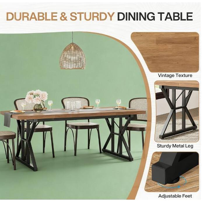 Dining Table for 6, Wood Kitchen Table with Trestle Base, Kitchen Table Meeting Table with X-shaped Accents