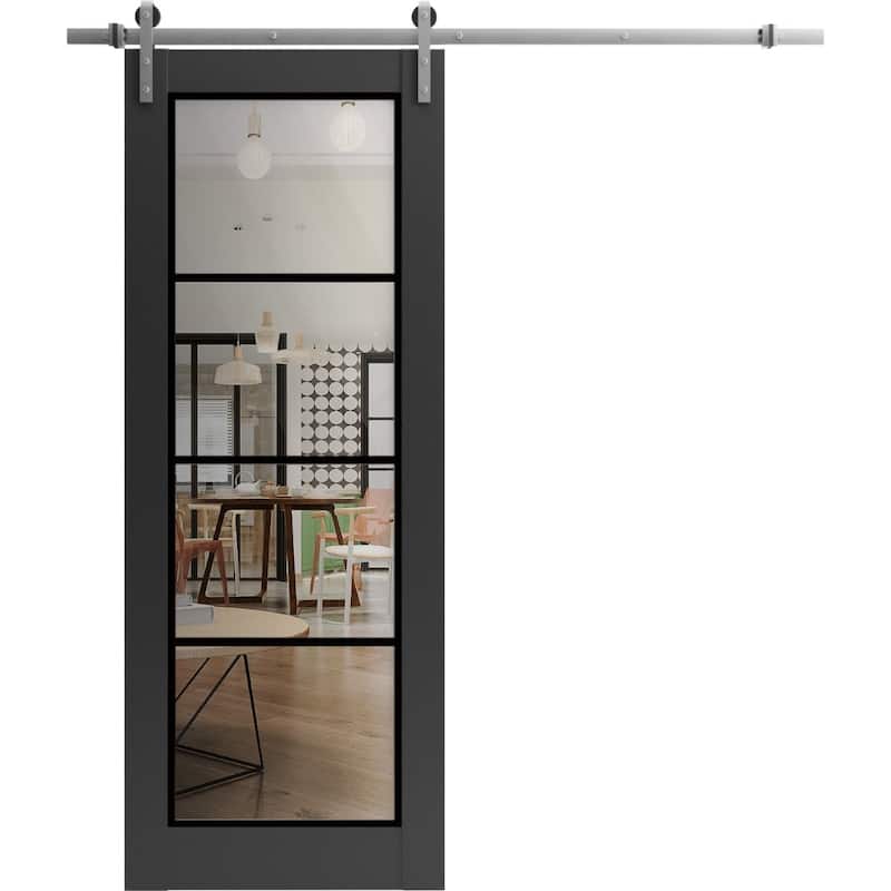 Sturdy Barn Door 18 x 80 Lucia 2466 Matte Black Clear Glass 6.6FT - Black - 42" x 80"