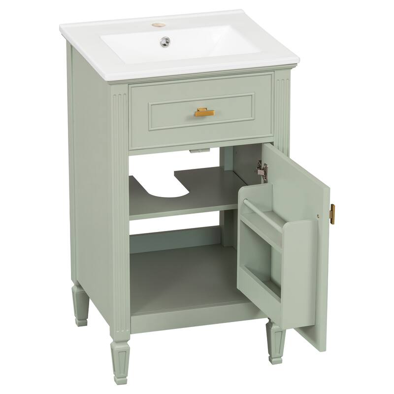 20-Inch Bathroom Vanity With Sink, Solid Wood Legs, Adjustable Shelf, Tilt-Out Drawer, Modern Freestanding Cabinet