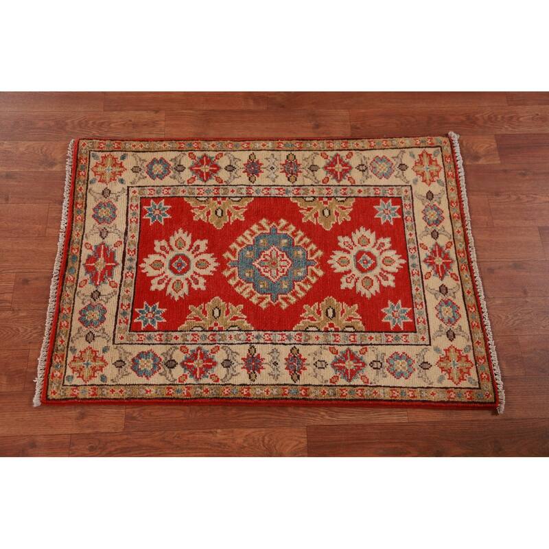 Red Kazak Oriental Foyer Rug Geometric Handmade Wool Carpet - 2'0"x 3'0"