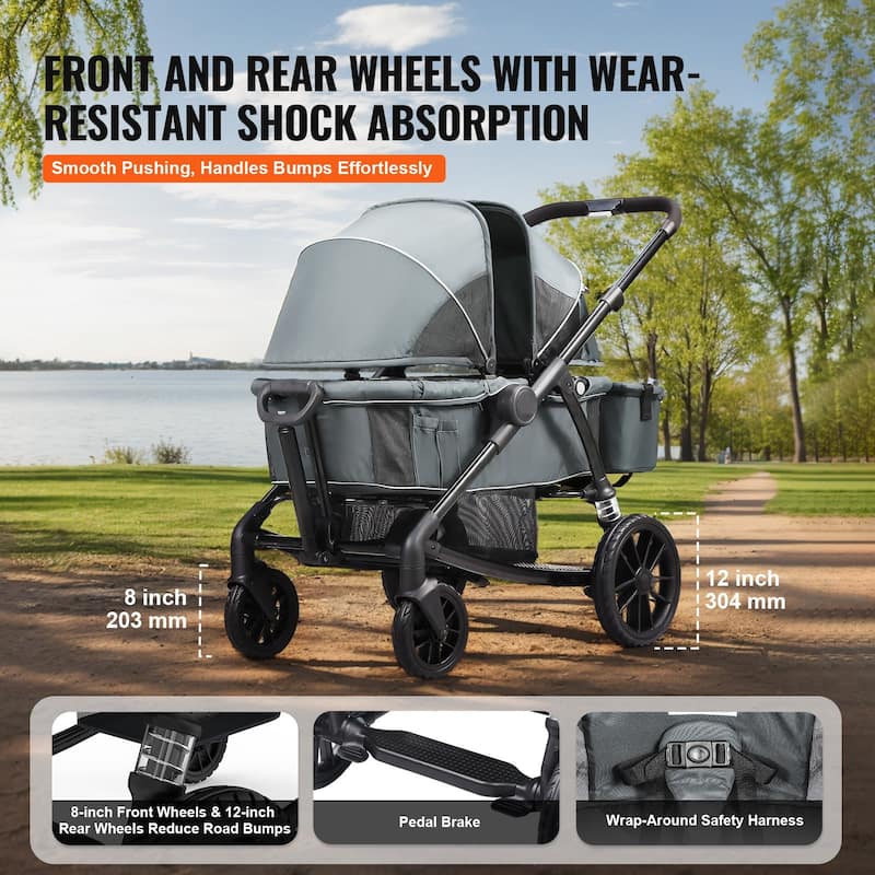 Carbon Steel All-Terrain Stroller Wagon Foldable Twin with Canopy and Tray - 47.2” L x 27.2” W x 42.1” H