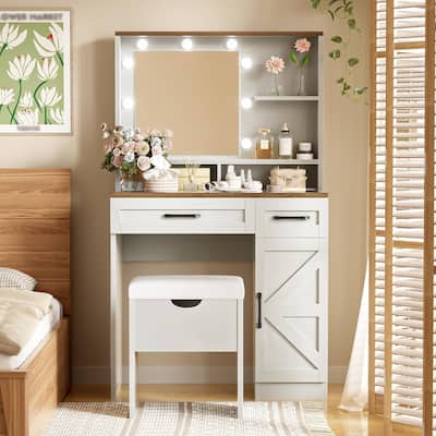 Farmhouse Makeup Vanity Desk with Mirror and Lights
