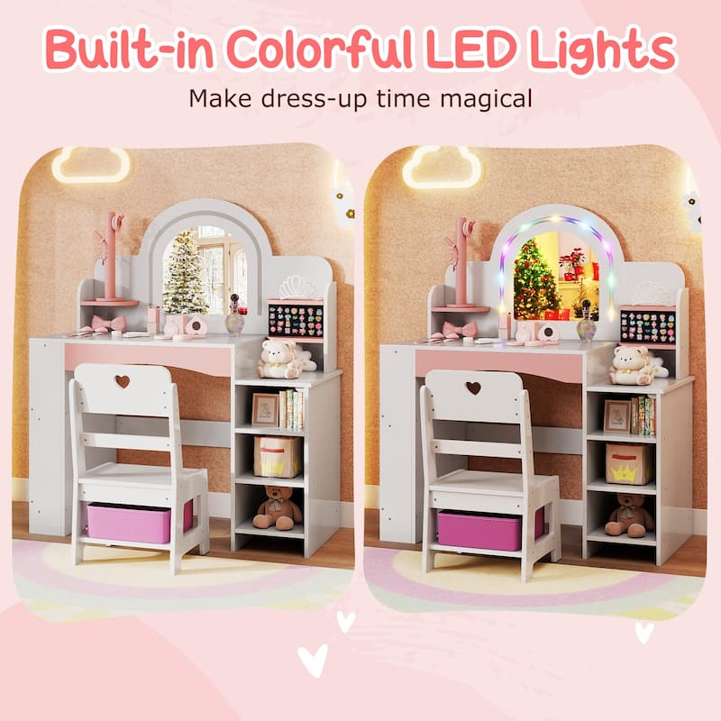 Gymax Kids Vanity Desk w/Mirror & Lights Princess Pretend Play Makeup