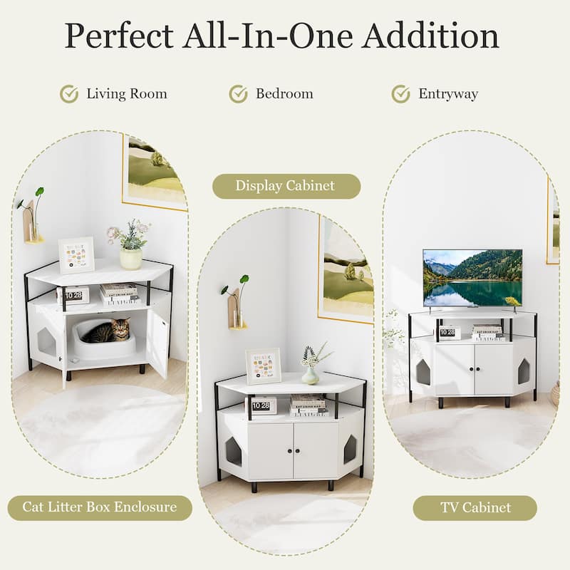 Gymax Corner Cat Litter Box Enclosure End Table w/ Open Shelf 2