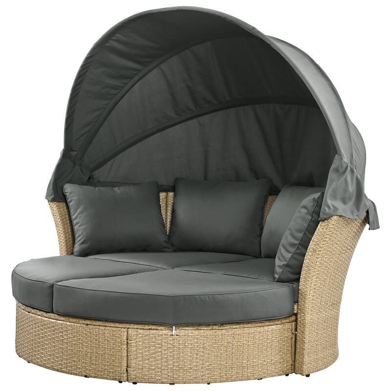 Wicker Rattan Daybed Round Sofa Set with Retractable Canopy and 4 Pillows, Convertible Sofa Bed with 2 Ottoman Chaise Lounge