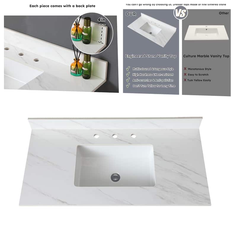 43" Marble Vanity Top with 3 Pre-drilled Faucet Holes, Undermount Sink