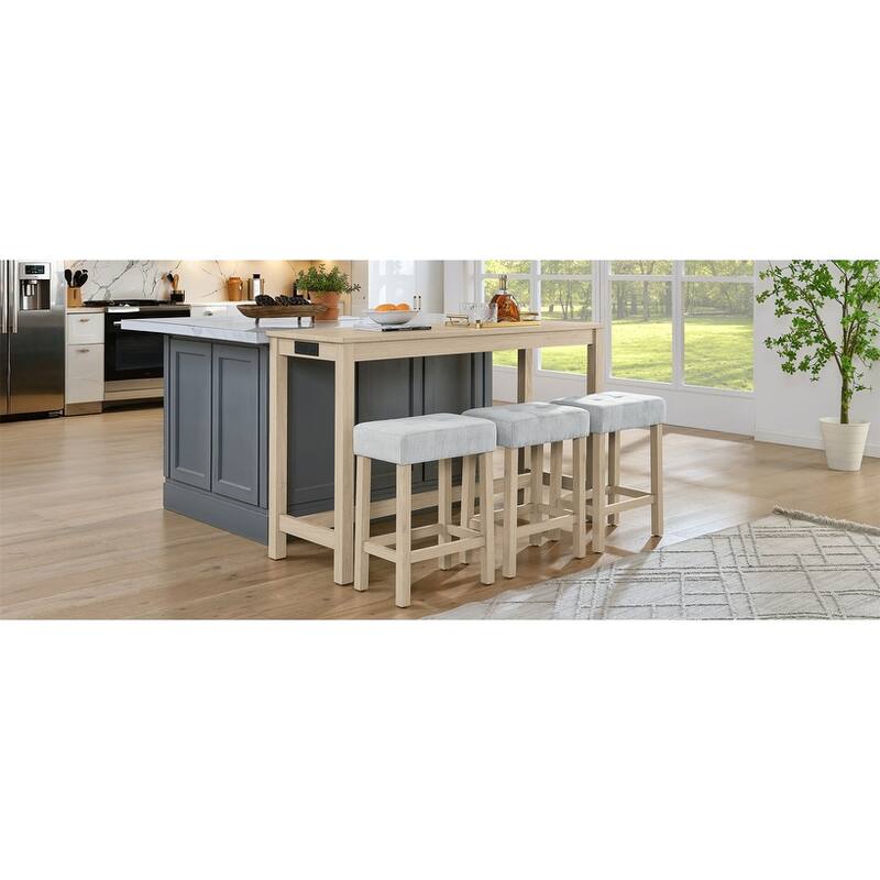 59 Inch 4 Piece Bar Table and Chair Set,Bar Table, Dining Table with Power Outlet, 3 Upholstered Stools