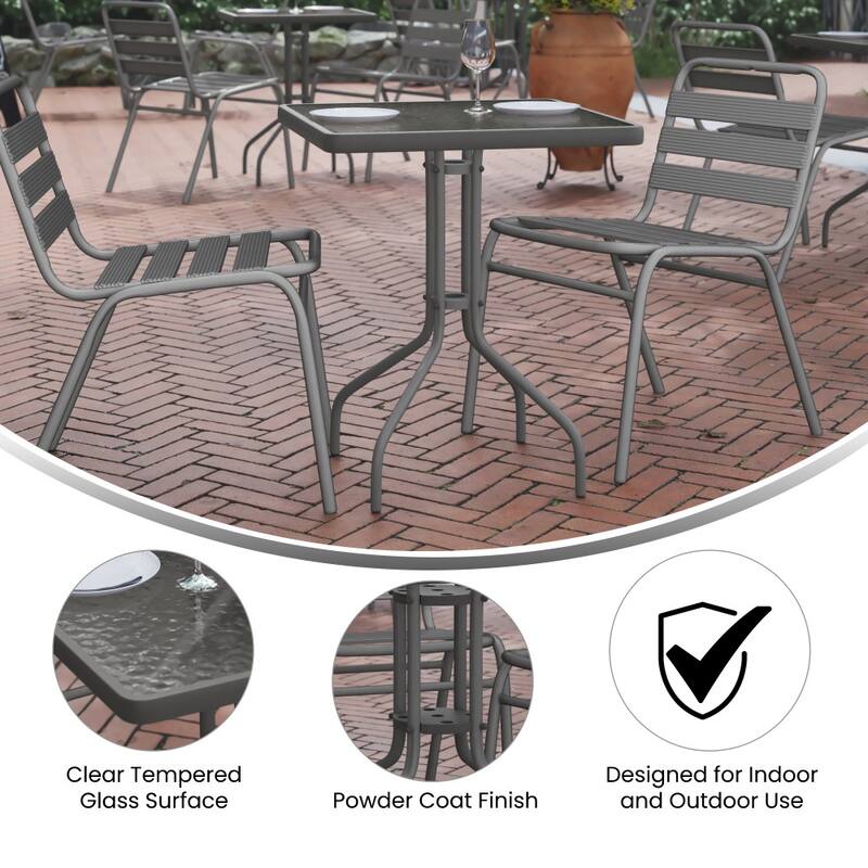 23.5" Square Tempered Glass Metal Table with Smooth Ripple Design Top