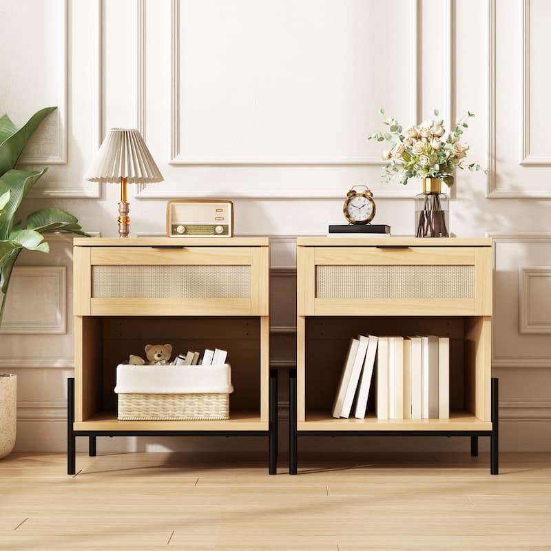 EROMMY Rattan Nightstand Set of 2, Boho Bedside Tables with Drawer and Open Shelf, 19.7" Wide End Tables for Bedroom - Wood Color