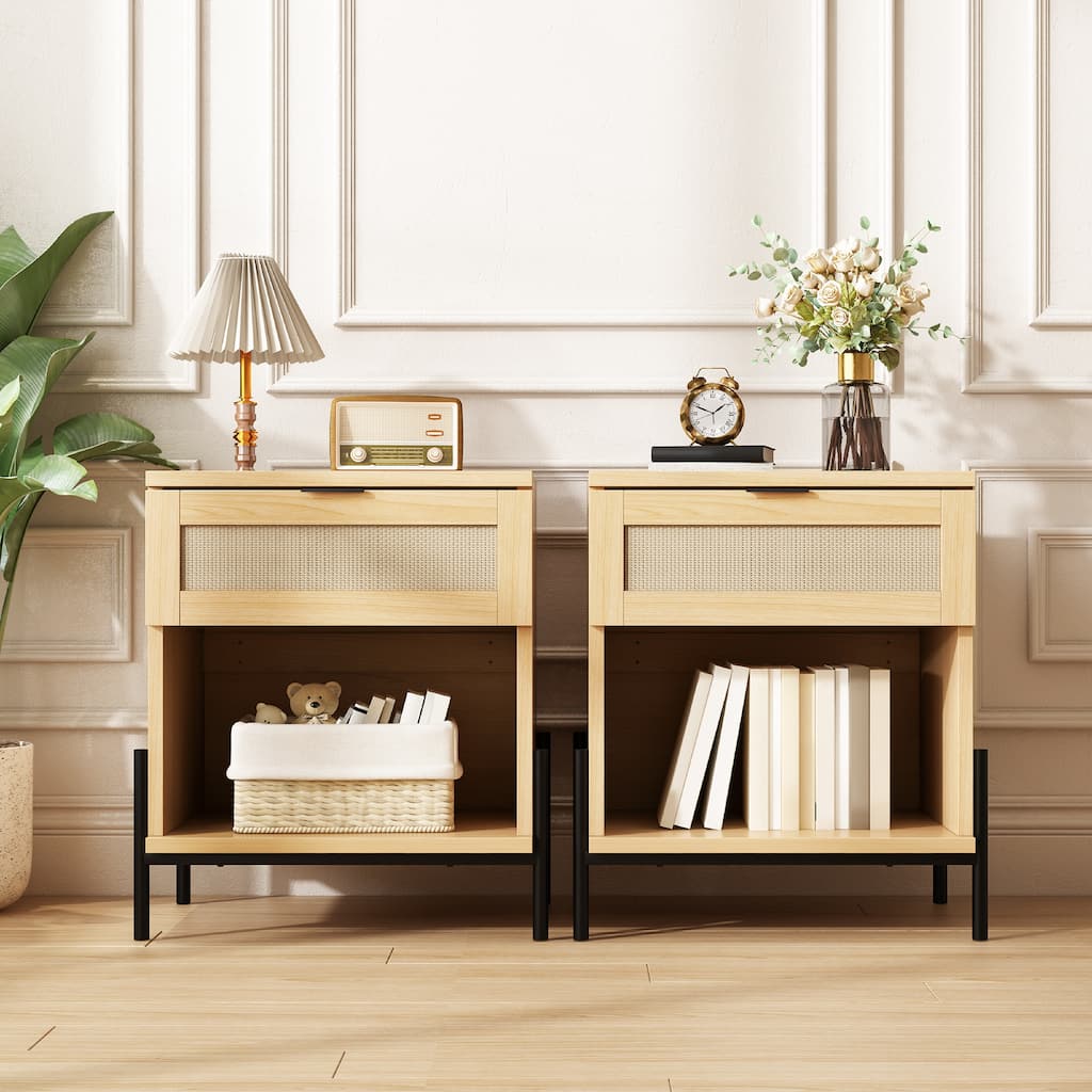 EROMMY Rattan Nightstand Set of 2, Boho Bedside Tables with Drawer and Open Shelf, 19.7" Wide End Tables for Bedroom