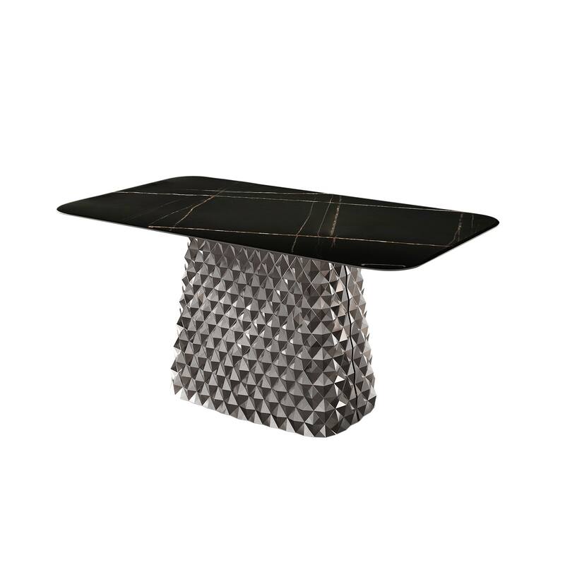 Modern Rectangle Stone Stainless Steel Hydrographic Mirror Pedestal Dining Table - 4 Seats - Black