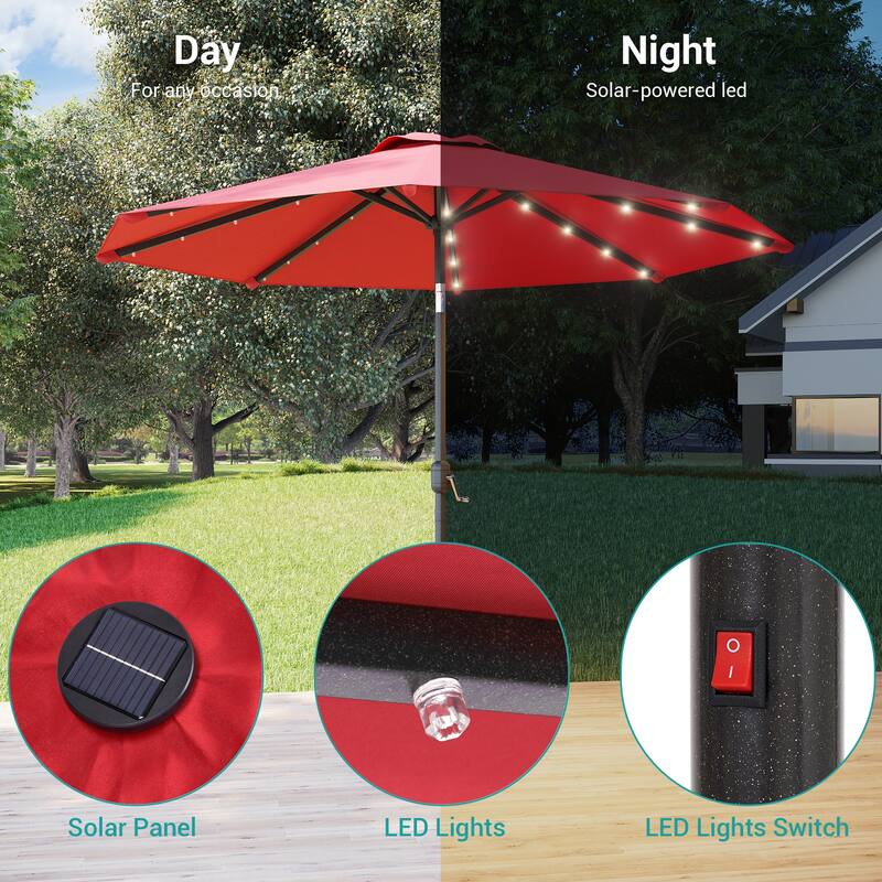 BONOSUKI Patio 9Ft LED Market Umbrellas With Solar Lights, Table Umbrella for Patio and Outdoor With Tilt Button