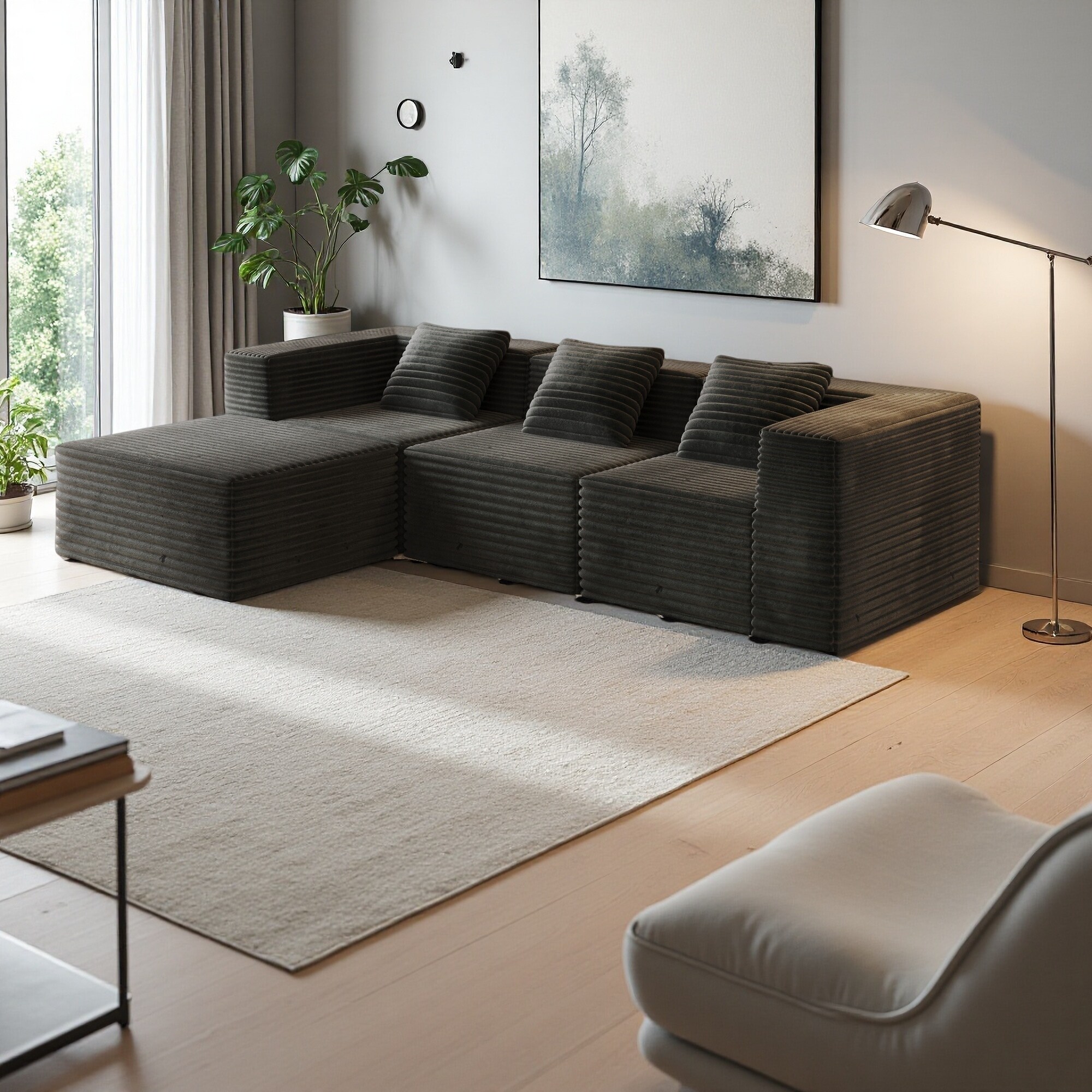 106.7" Corduroy Modular Sectional Sofa with Ottoman (3-Seater) and High Density Memory Foam, No Assembly Required