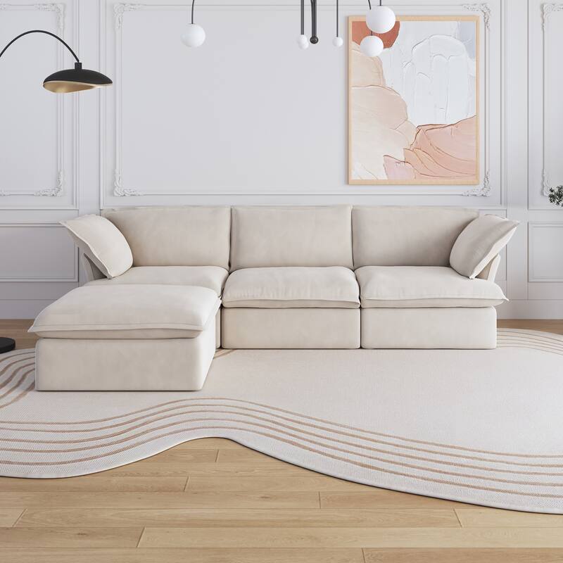 L-shaped Linen Upholstered Sectional Sofa with Ottoman for Living Room - beige(3seat+1ottoman)