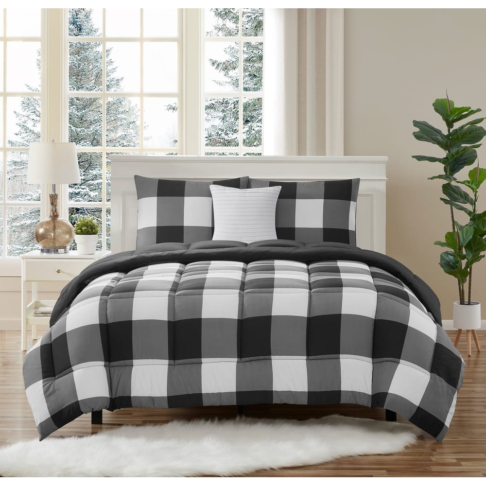 Sweet Home Collection 4 Piece Buffalo Plaid Design Reversible to Solid Color with Shams & Throw Pillow