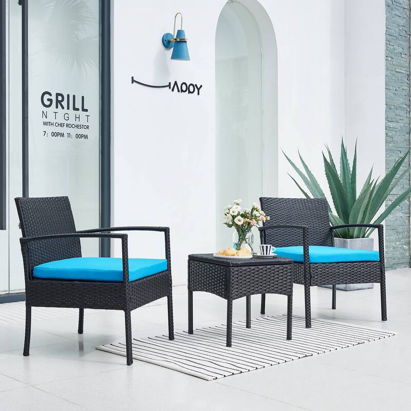 Outdoor Furniture 3 Piece Patio Bistro Furniture Set, Rattan Conversation Chairs Set with Side Table and Cushions - Blue