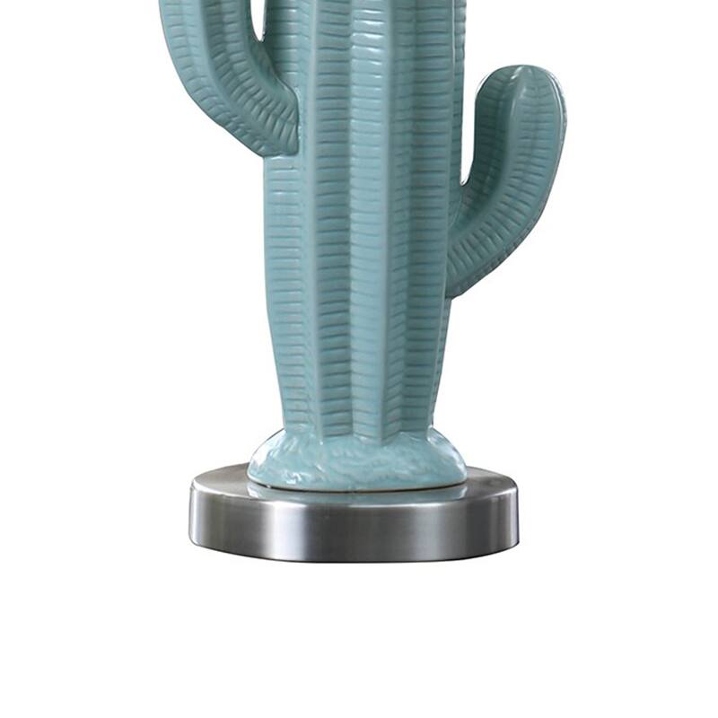 22 Inch Accent Table Lamp, Cactus Designed Body, Metal Base, Blue, White