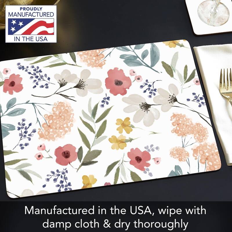 Meadow Pink Decorative Hardboard Placemats with Protective Cork Backing 4 Pack Heat Tolerant and Easily Wipes Clean