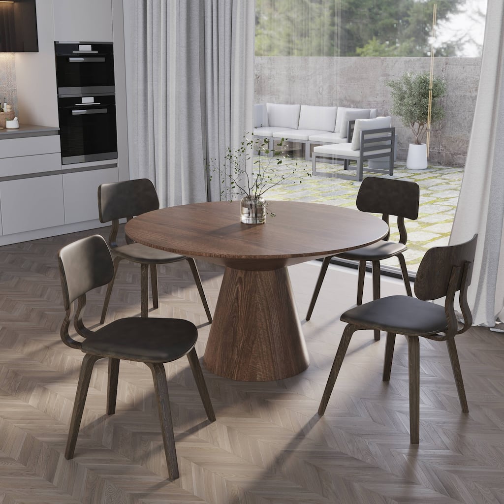 5-Piece Dining Set with 47-Inch Round Walnut Dining Table and 4 Leather Accent Side Chairs