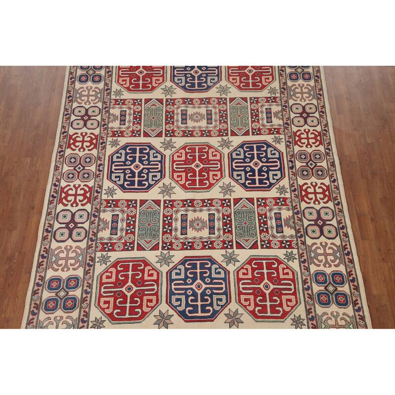 Hand Knotted Oriental 100% Wool Carpet Traditional All-Over Beige & Ivories Kazak Area Rug - 9' 7'' X 6' 6''