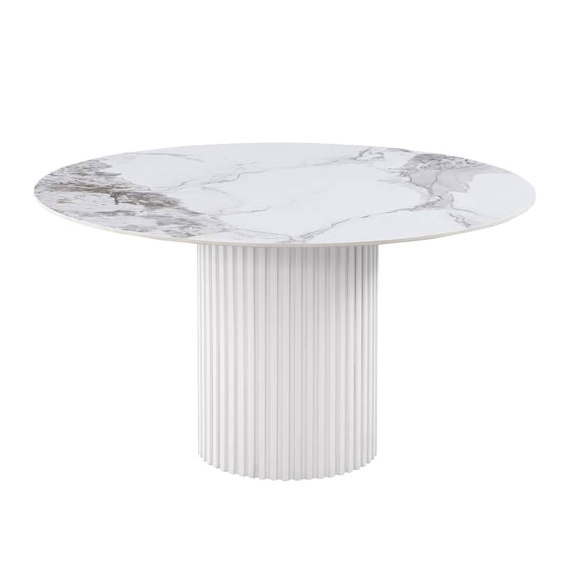 Round Dining Table with Sintered Stone Top in White - White