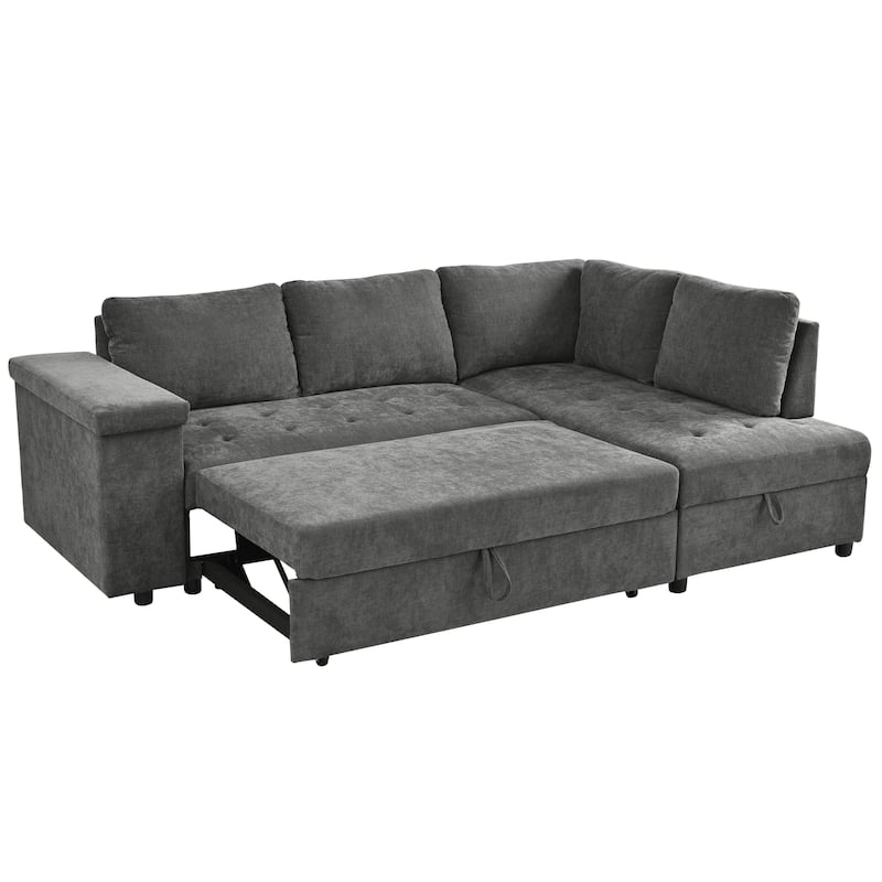 91.5'' L-Shaped 4 Seater Sectional Sofa Couch with Pull-Out Bed, Hidden Storage and Functional Armrests, for Living Room