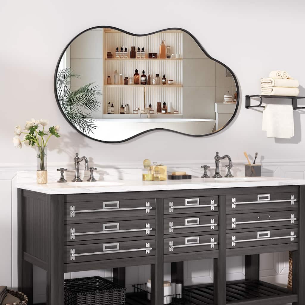 Asymmetrical Decorative Wall Mirror Irregular Aluminum Alloy Frame Bathroom Vanity Mirror - Black