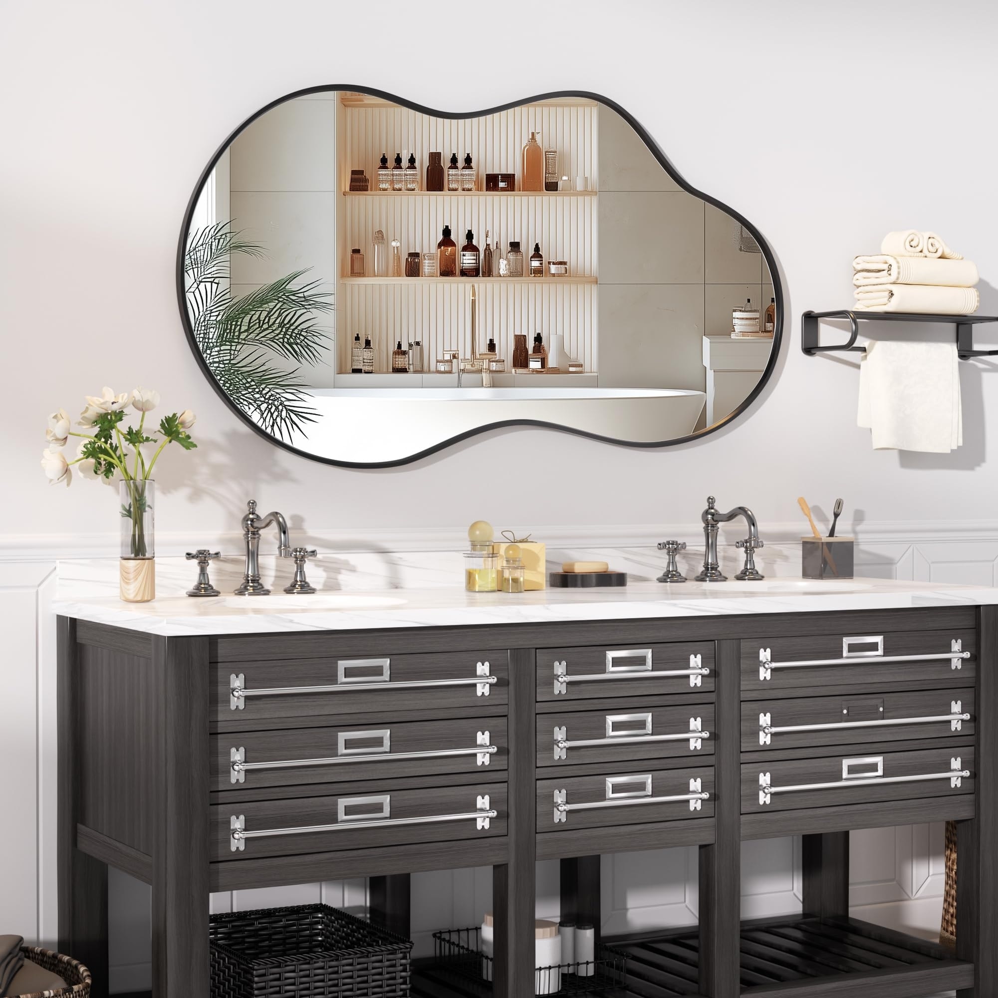 Asymmetrical Decorative Wall Mirror Irregular Aluminum Alloy Frame Bathroom Vanity Mirror - Black