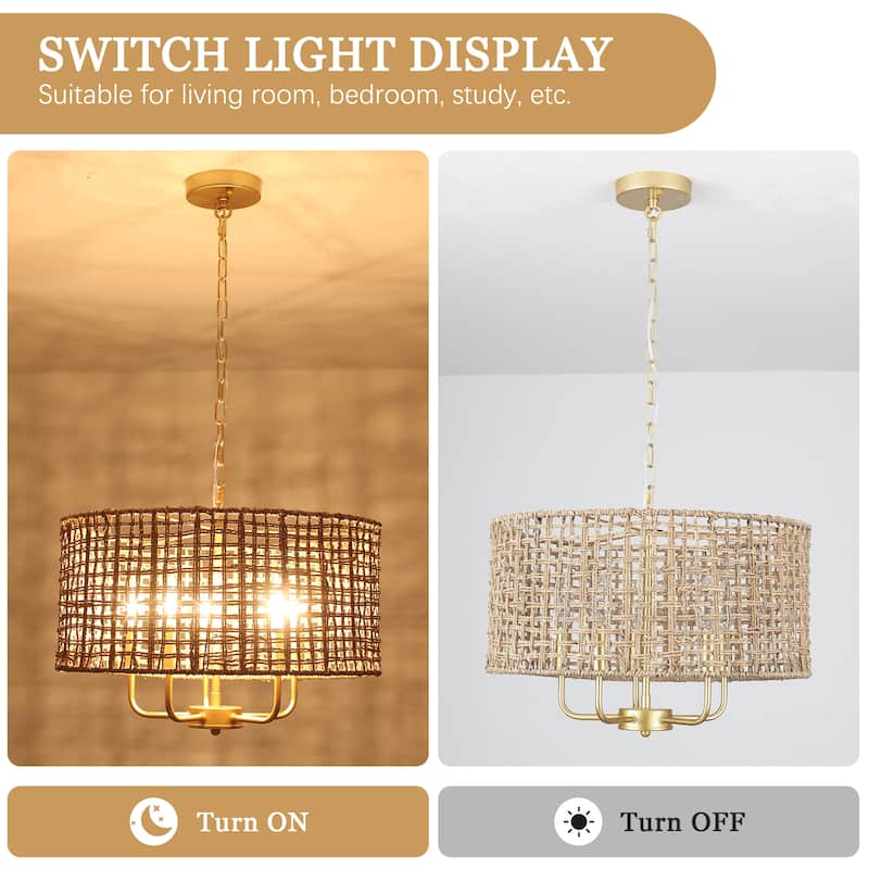 5 - Light Dimmable Drum Chandelier Natural Rattan Bohemian & Coastal Pendant - 18.9 in