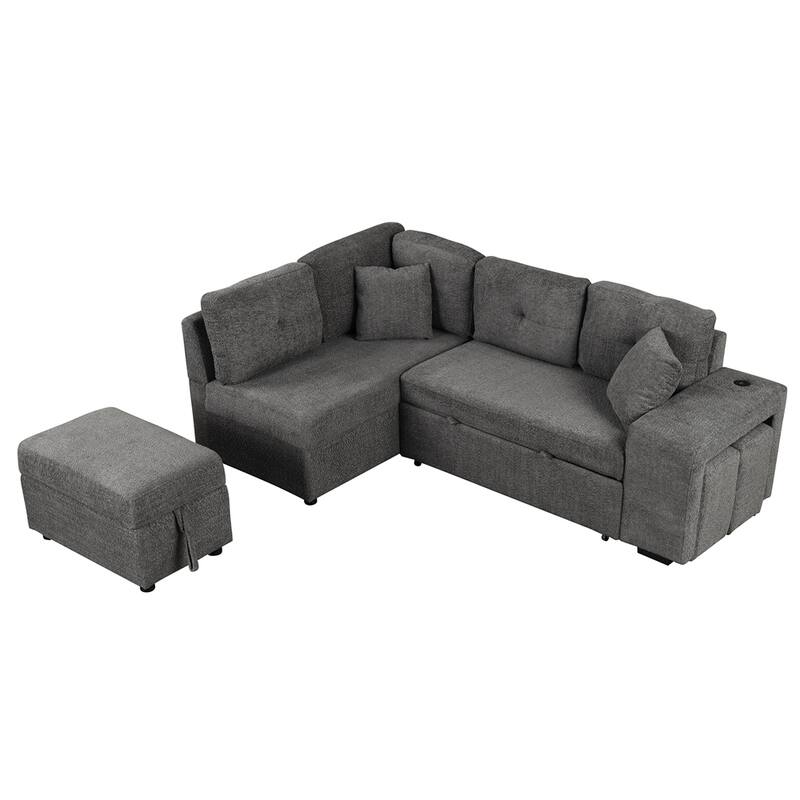 Sectional Pull Out Sofa Bed w/Storage Ottoman,2 Throw Pillows,2 Stools