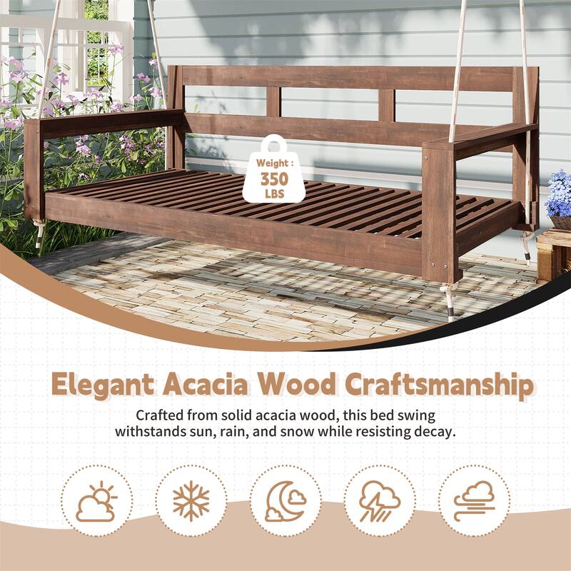 Patio Wood Twin Size Swing Bench with Hanging Ropes(No Cushion,Pillow)