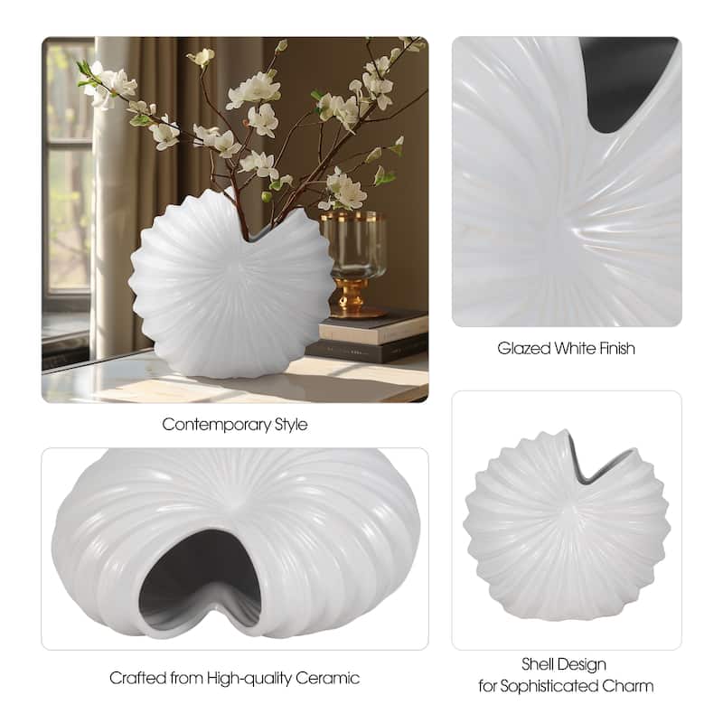 Sagebrook Home Ceramic Shell Vase, White Finish,Coastal Nautical