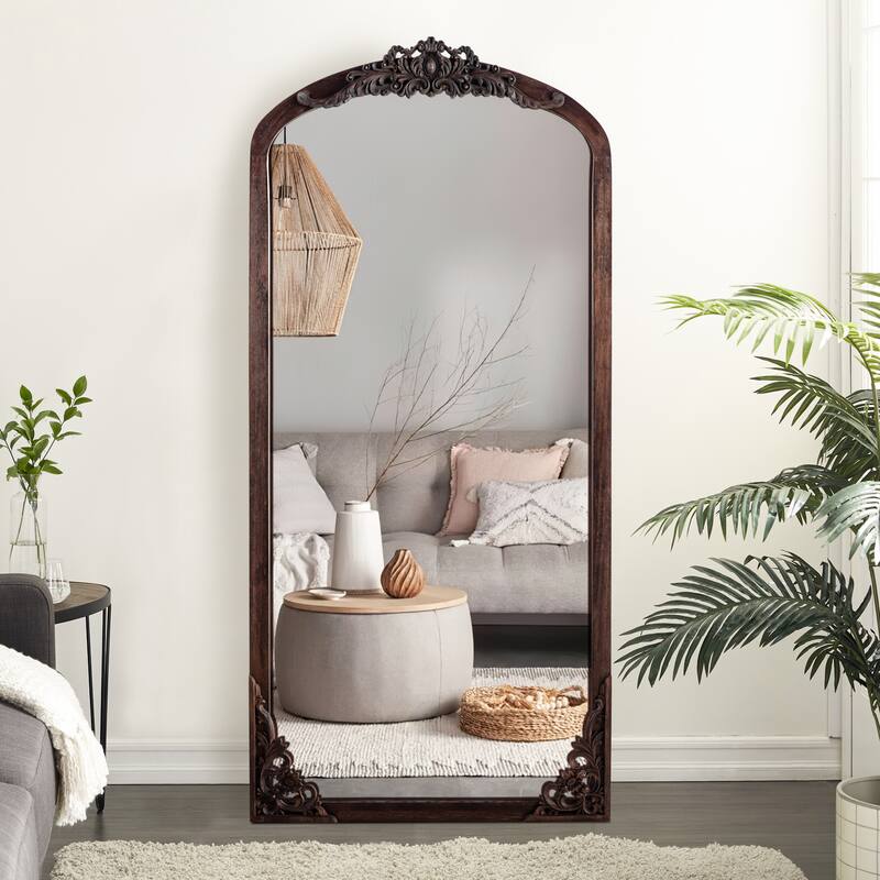 Lumioca Carved Solid Wood Arched Standing Mirror Wall Mirror - 65×22 - Brown