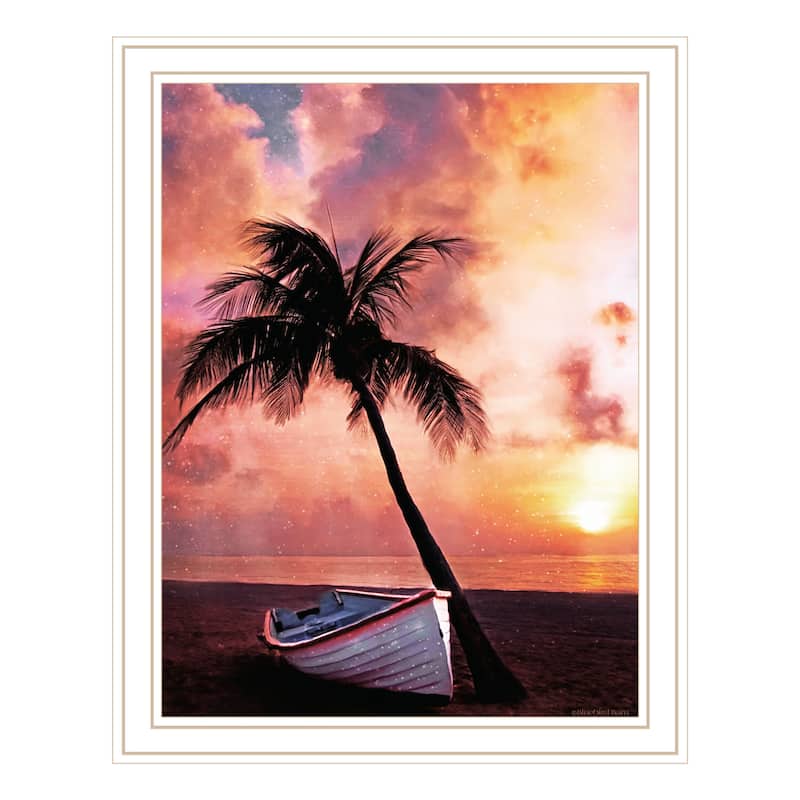 TrendyDecor4U Contemporary Palm Tree Sunset Framed Print Wall Art - White