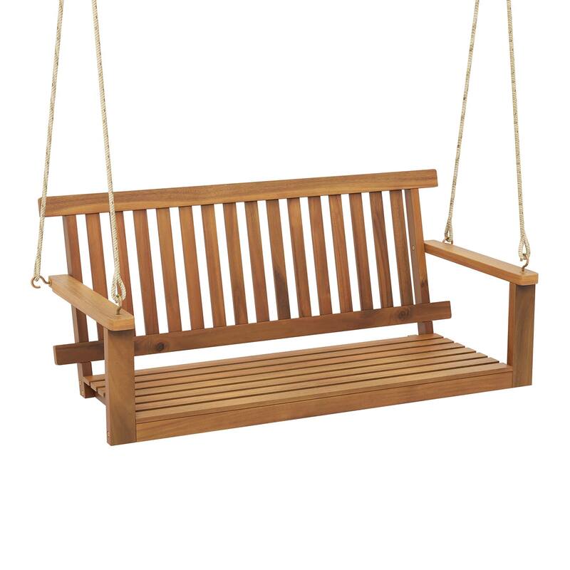 2-Seat Porch Swing Bench Acacia Wood Chair with 2 Hanging Hemp Ropes - Natural
